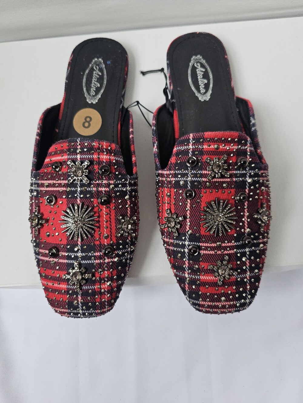 Atalina Red Plaid Embellished Mules Loafers - Size 8
